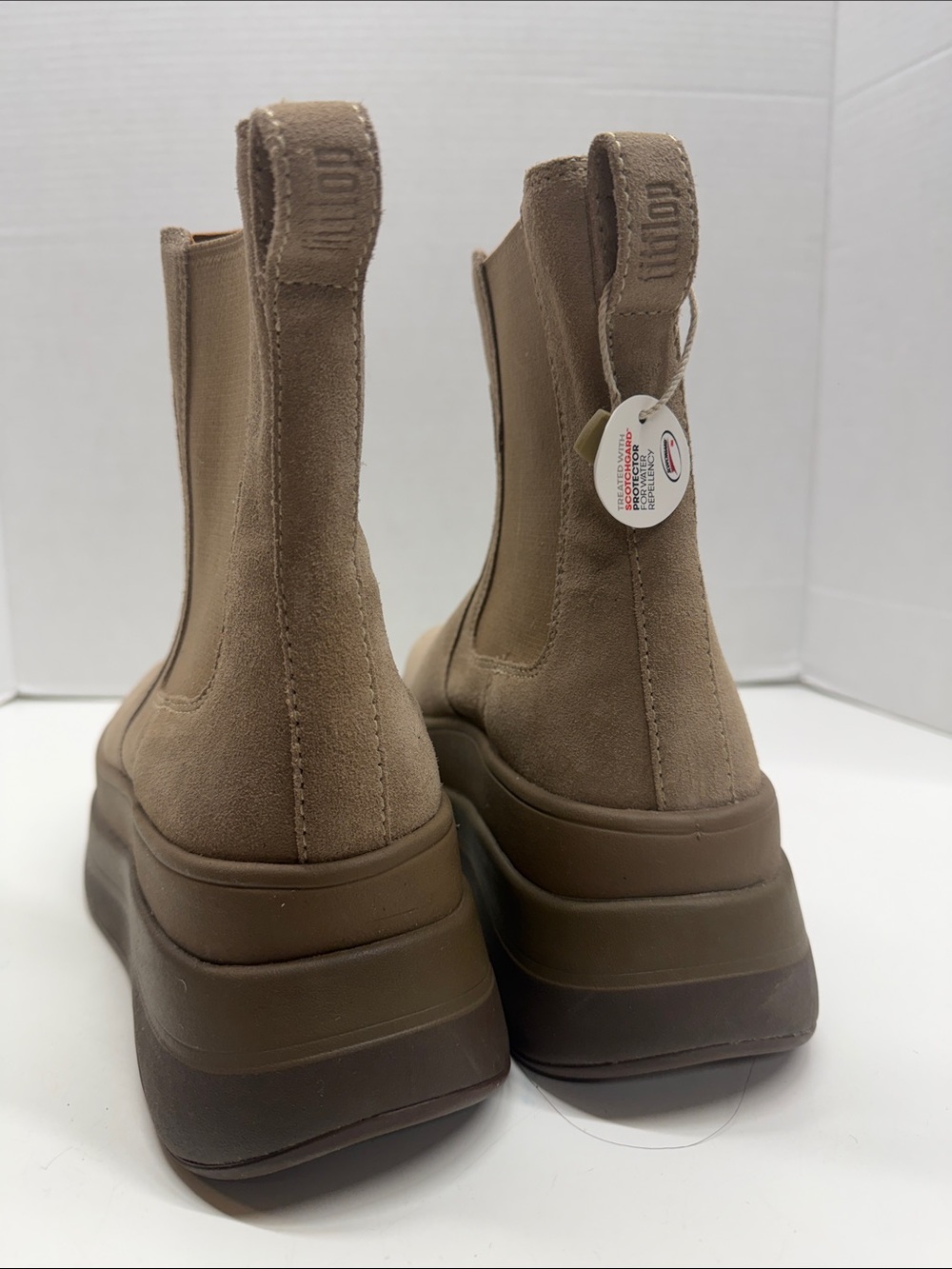 FitFlop F-Mode Stack Suede Chelsea Platform Boots Ankle Bootie Taupe Brown New 8 - Picture 5 of 9